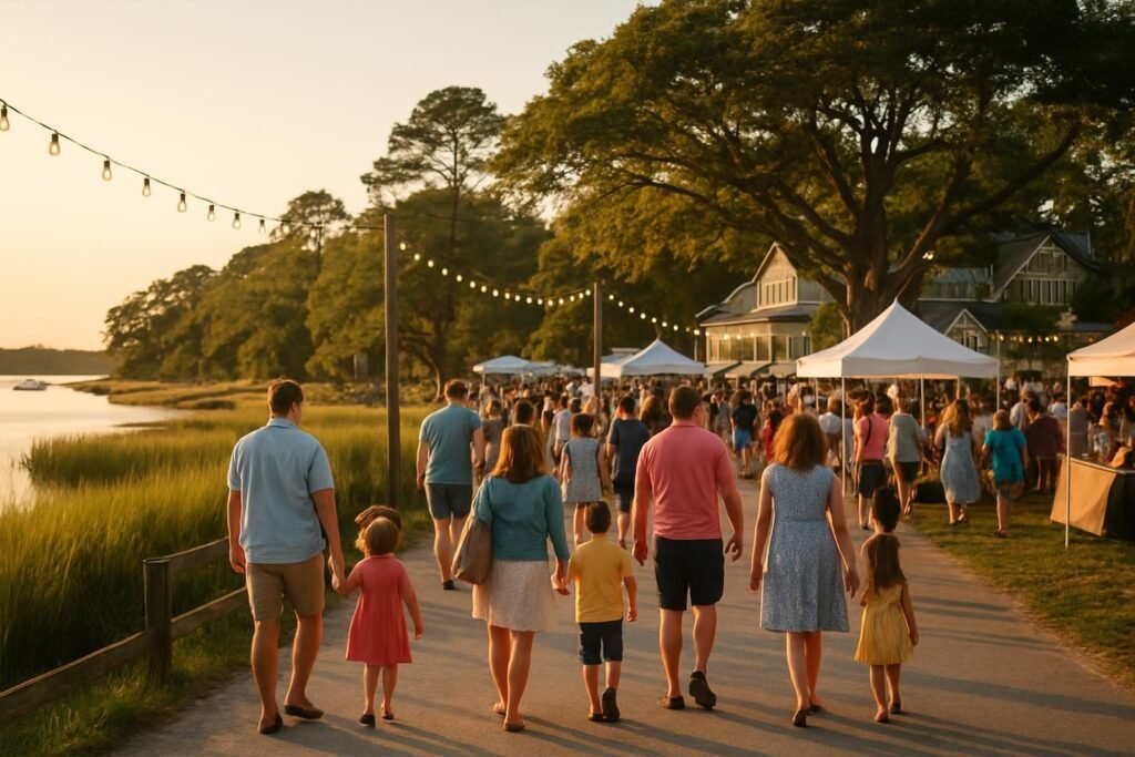Annual events in Onslow County NC: families enjoying a coastal waterfront festival at sunset