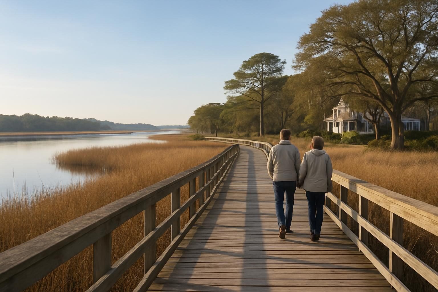 Quiet winter walk along a coastal marsh boardwalk in eastern North Carolina