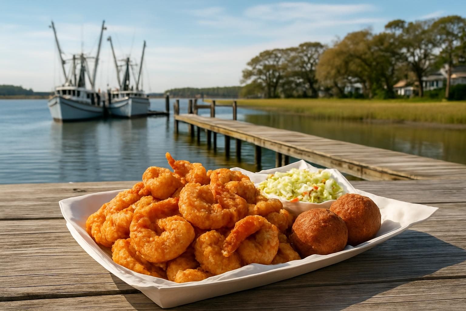 Plate of fried shrimp and hush puppies at a seafood festival near a working dock
