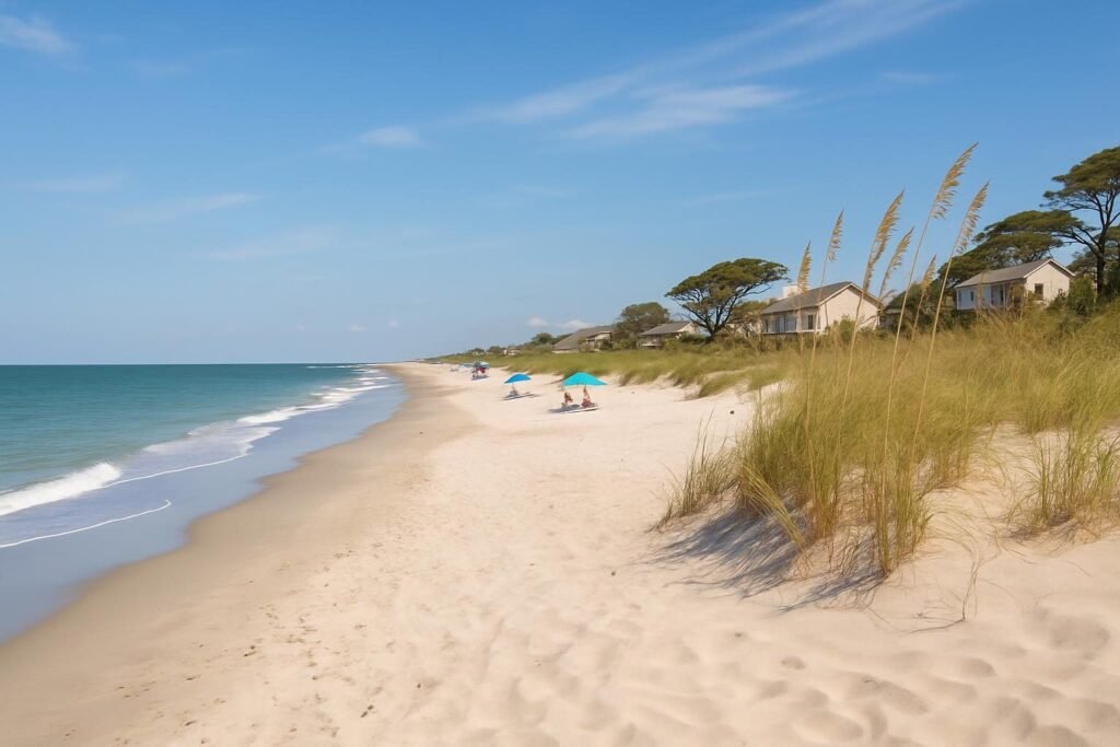 Sandy dunes and families on one of the best beaches near Jacksonville, NC