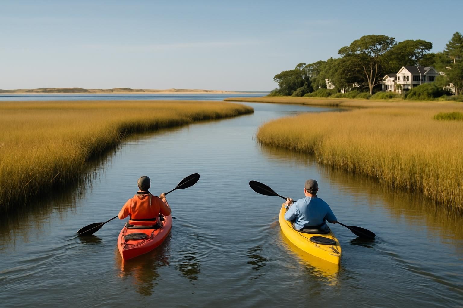 Kayakers paddling a salt marsh channel toward a barrier island near Swansboro