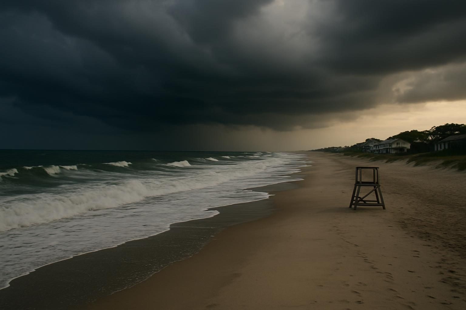 Rough surf and storm clouds building over an Onslow County beach