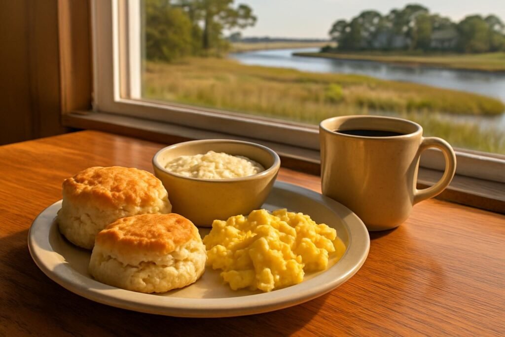 Biscuits, eggs and grits on a table, the best breakfast in Jacksonville NC style