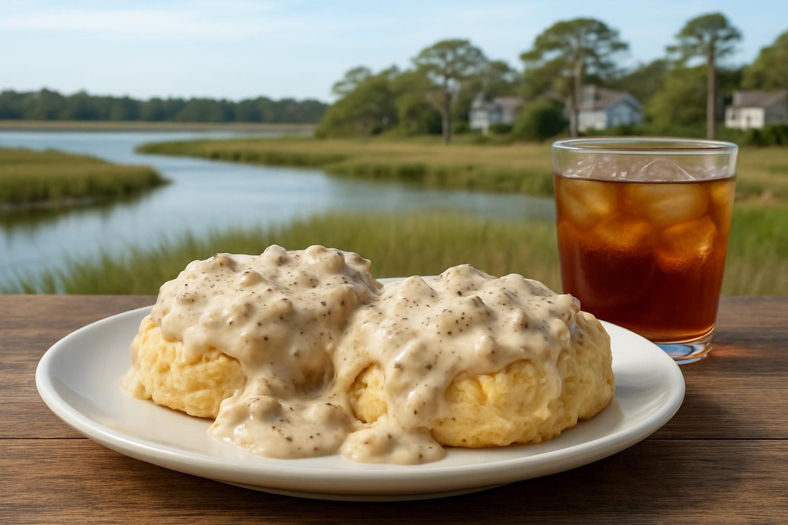 Southern biscuits with sausage gravy and sweet tea on a country breakfast table