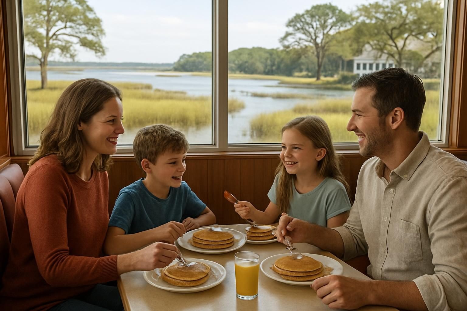 Family enjoying pancakes and bacon in a diner booth
