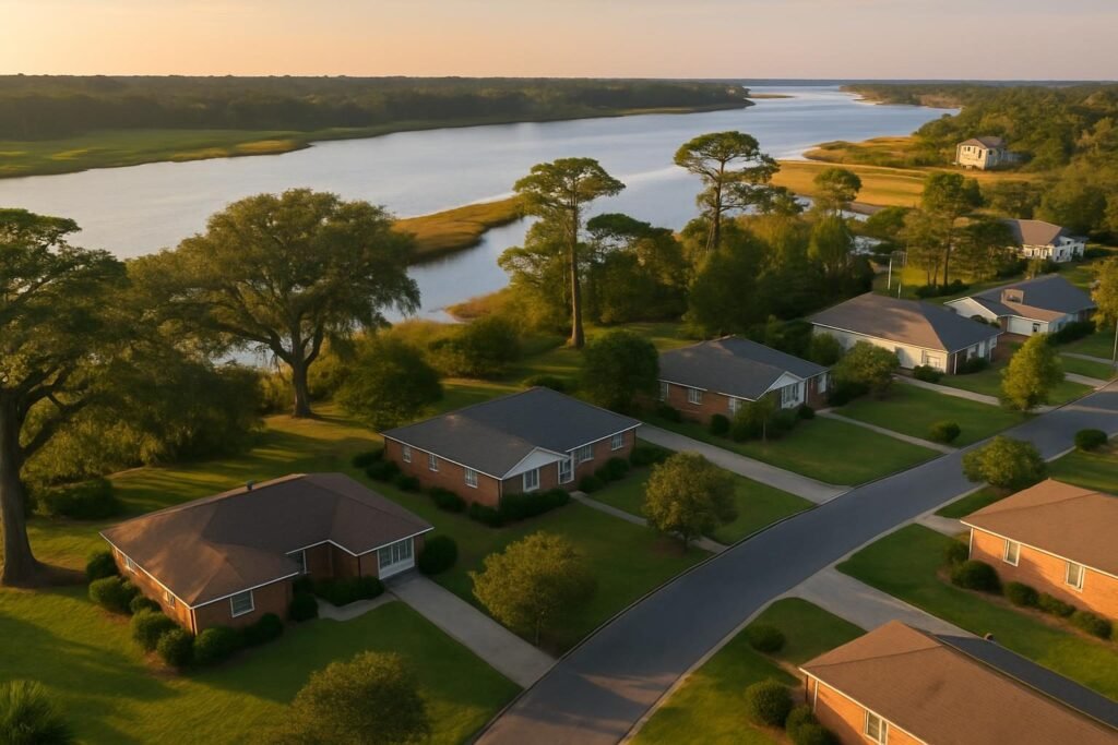 Best neighborhoods in Jacksonville NC: tree-lined coastal homes near a tidal creek