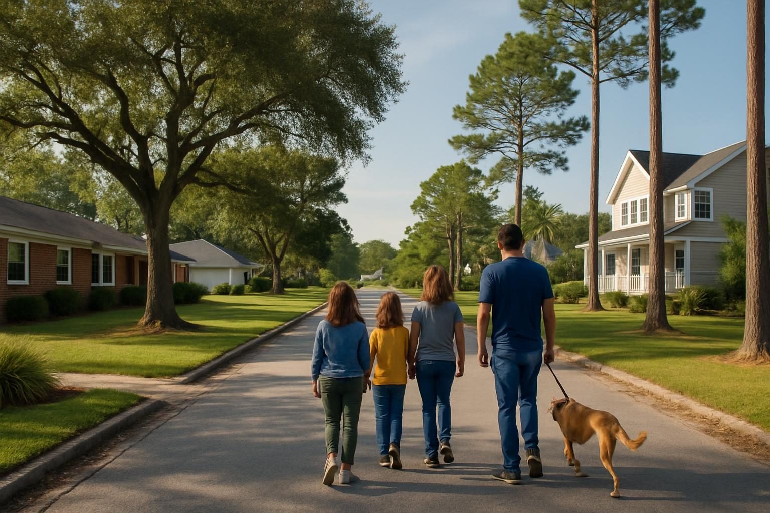 Suburban Jacksonville street with brick homes and a family out for a walk
