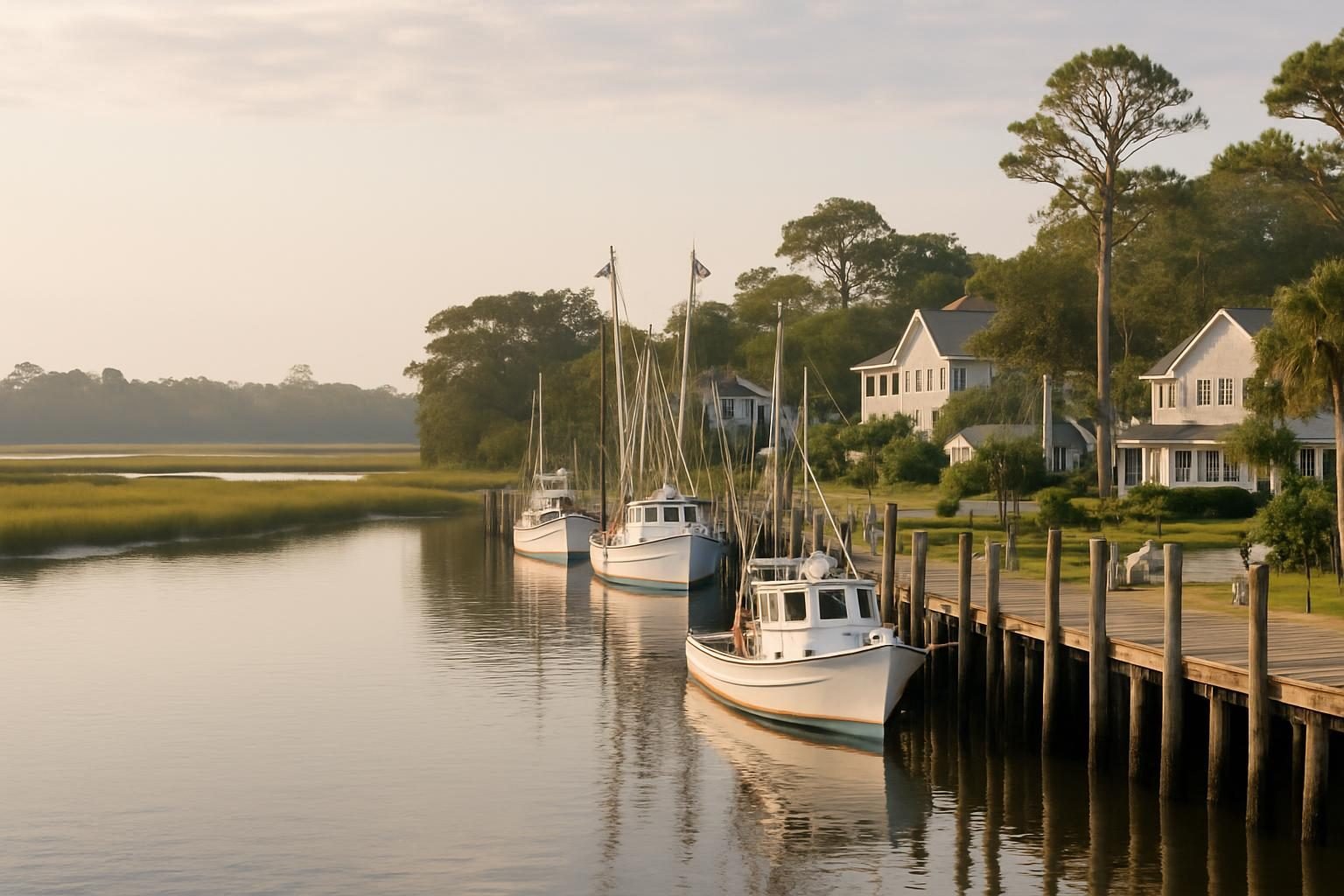 Working waterfront with fishing boats at a dock near a coastal marsh