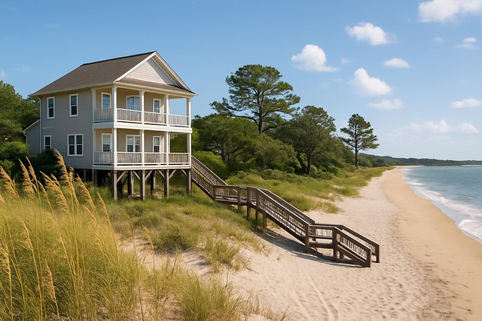 Elevated beach house on pilings behind dunes on the Onslow County coast