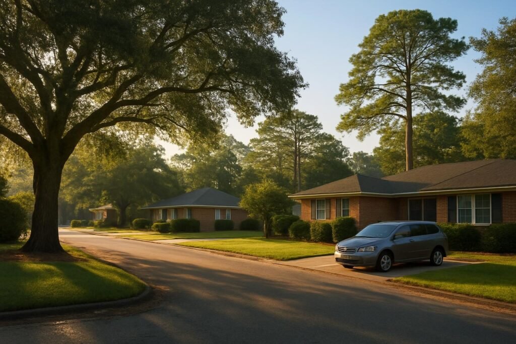 Tree-lined street of homes among the best neighborhoods near Camp Lejeune, NC