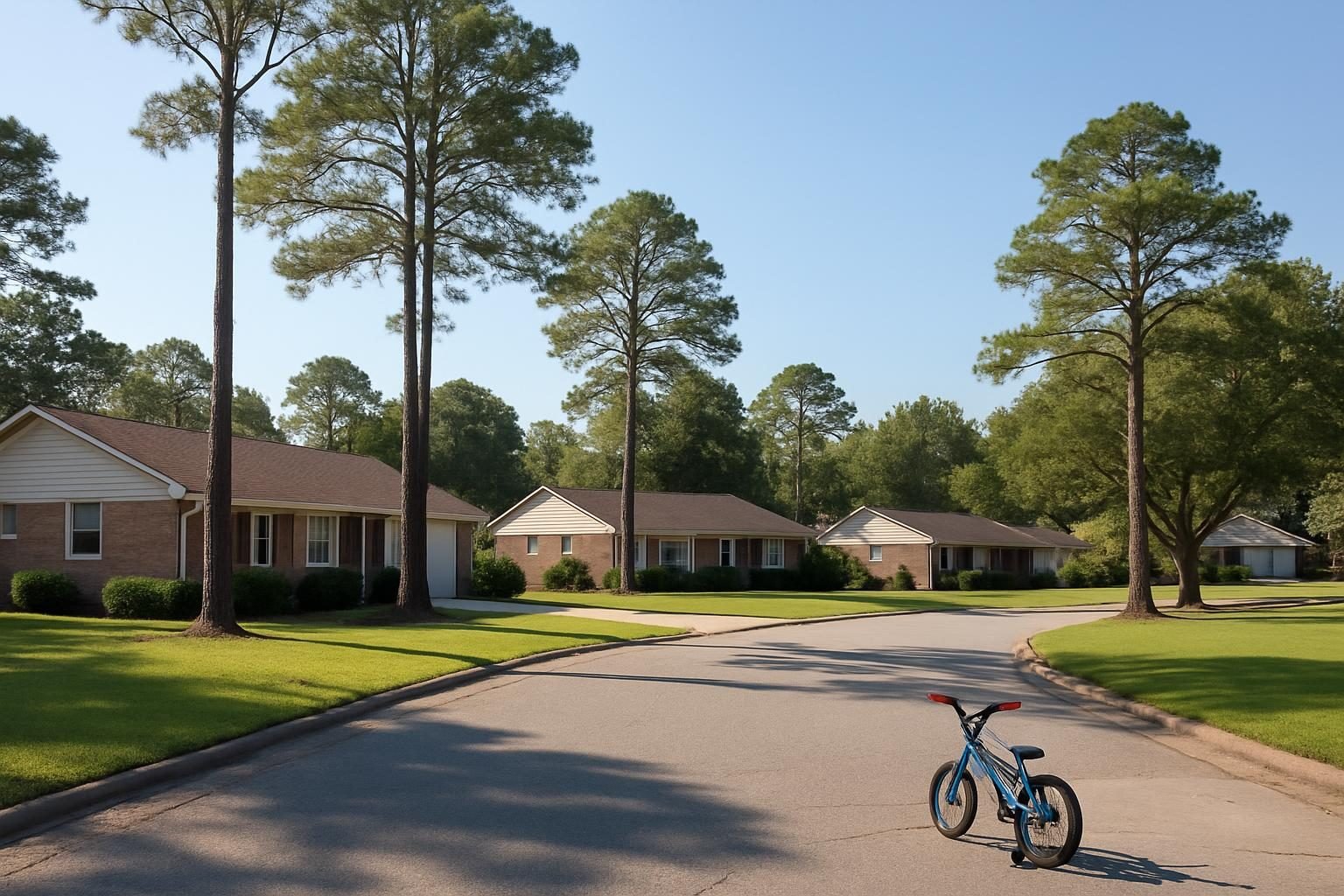 Suburban street of single-story homes near the main gate area in Jacksonville, NC