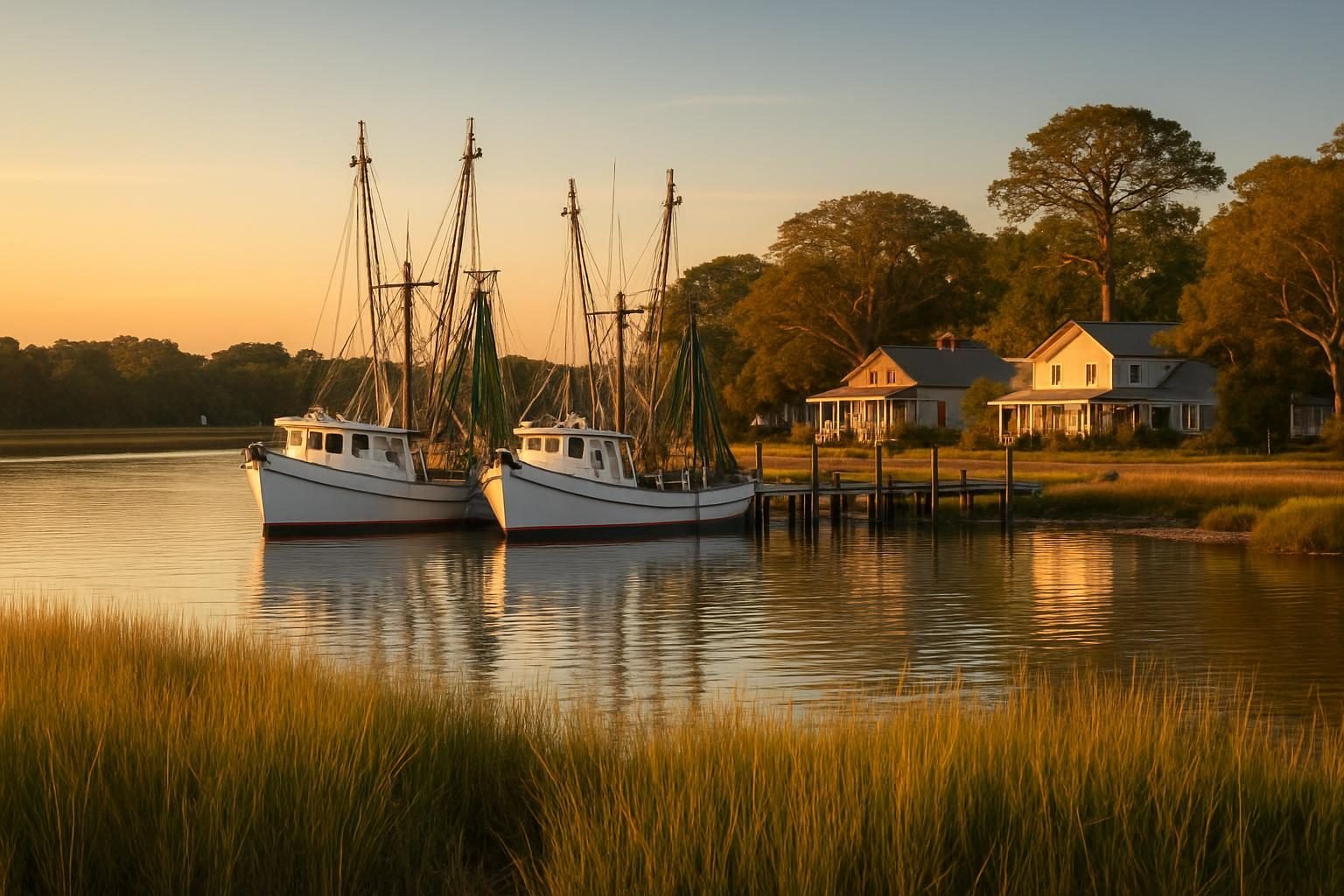 Shrimp boats docked on the New River in a quiet Sneads Ferry waterfront setting