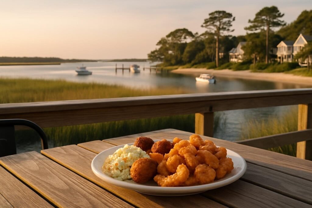 Fried shrimp platter on a dock table, representing the best restaurants in Jacksonville, NC
