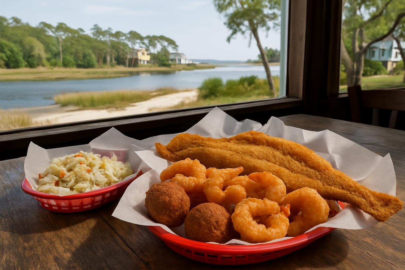 Fried seafood platter with hushpuppies and coleslaw on a rustic table