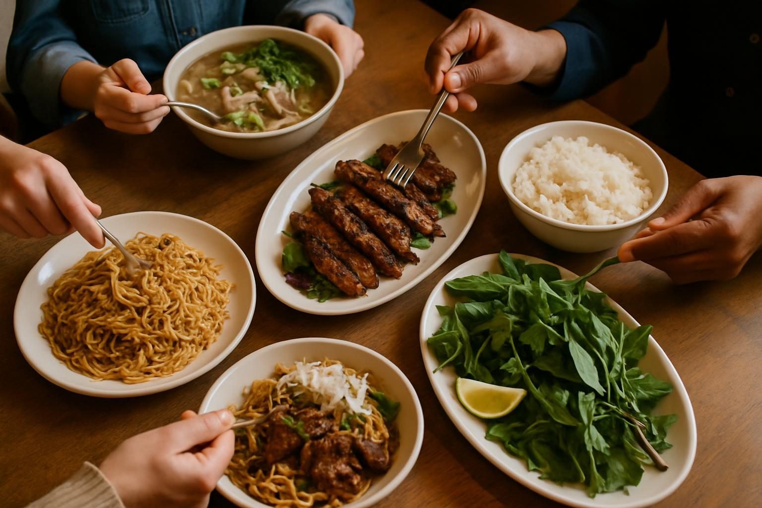Shared international dishes on a restaurant table with noodles, grilled meat and rice