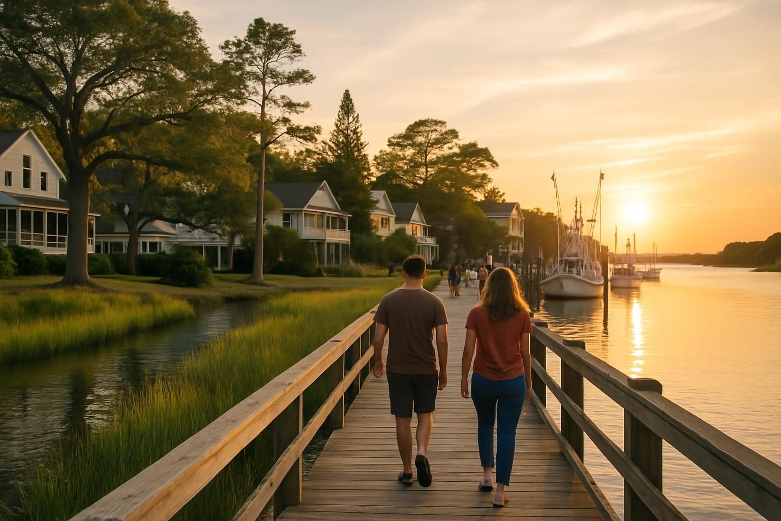 Boardwalk and docked boats on a coastal North Carolina river at sunset