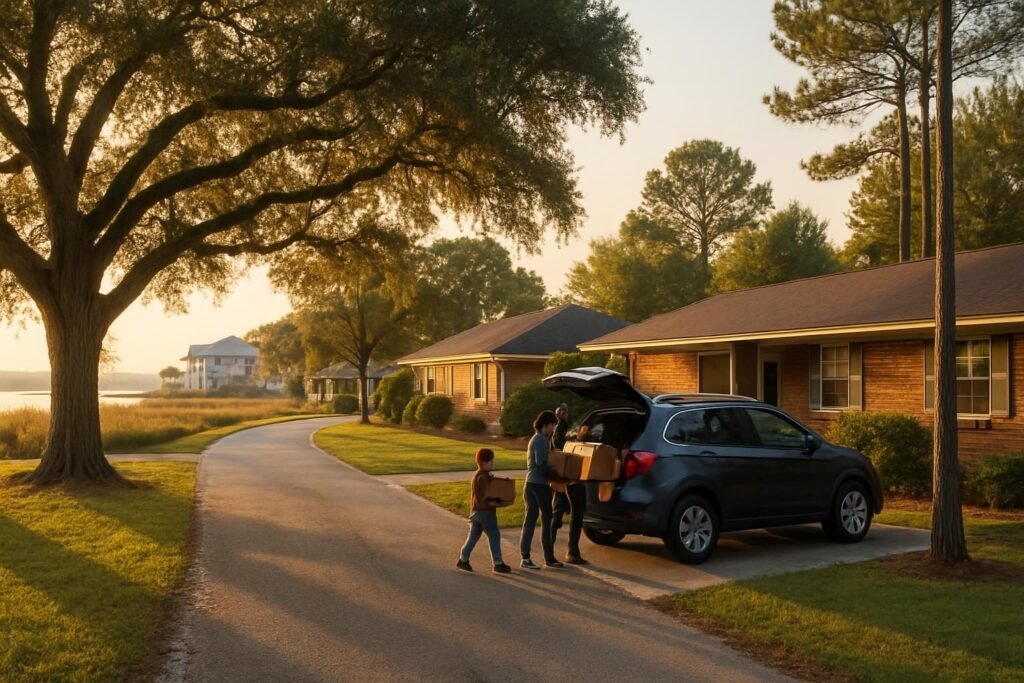 Camp Lejeune PCS guide: military family unloading boxes at a coastal North Carolina home