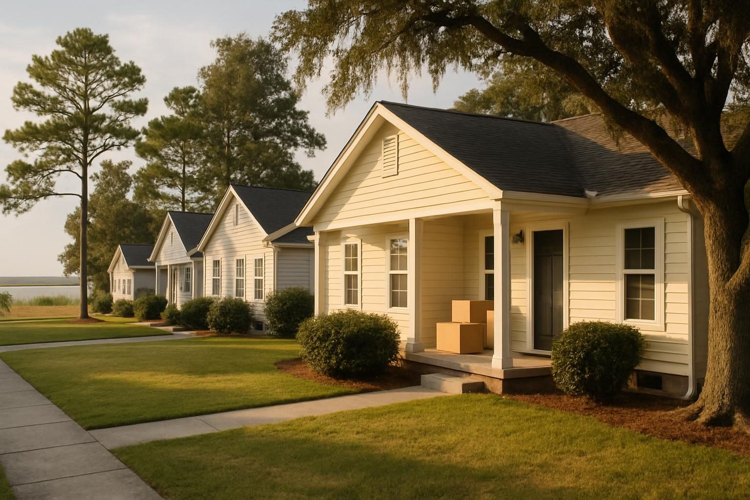 Suburban homes with moving boxes on a porch in an Onslow County neighborhood