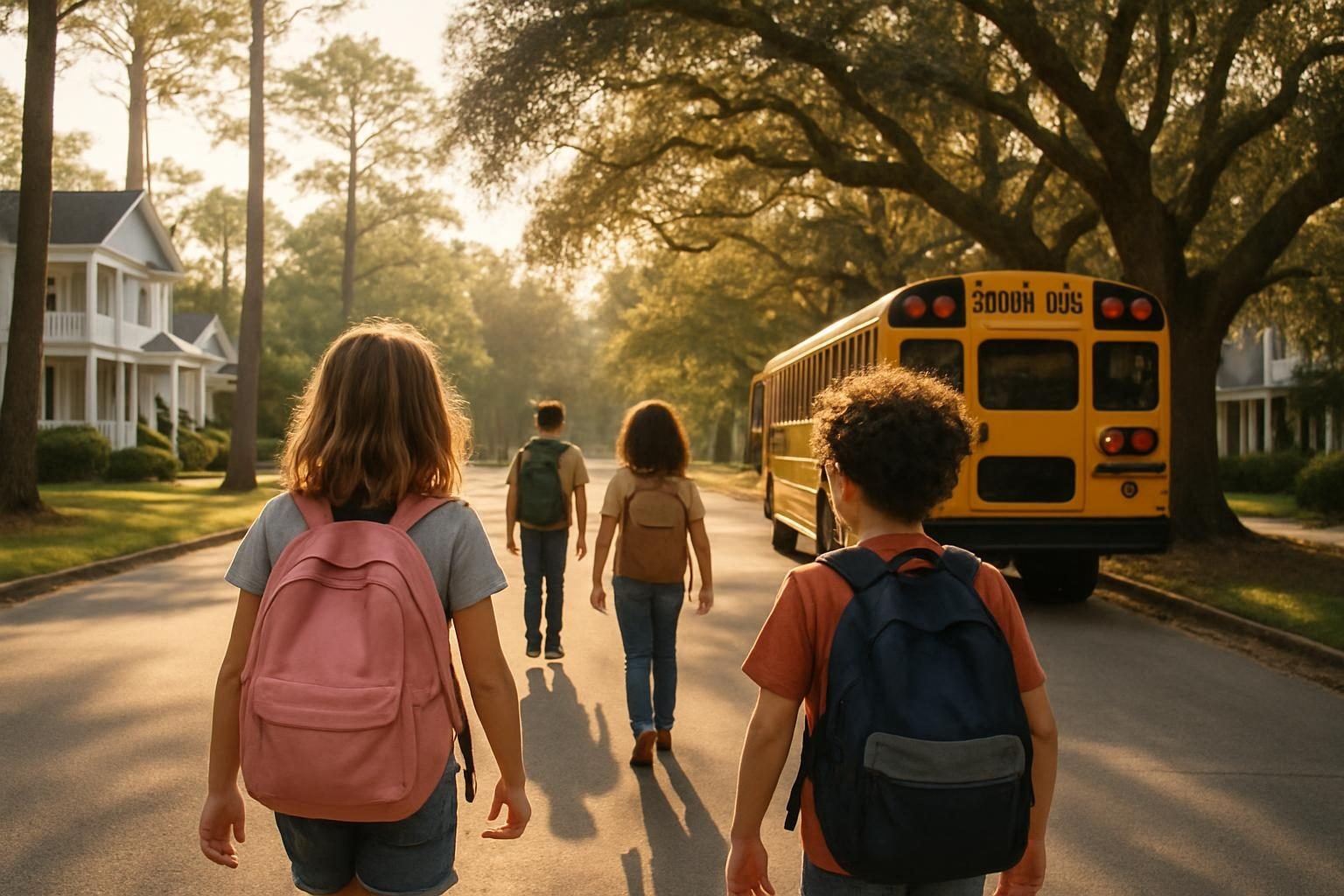 Children with backpacks walking toward a school bus on a tree-lined street