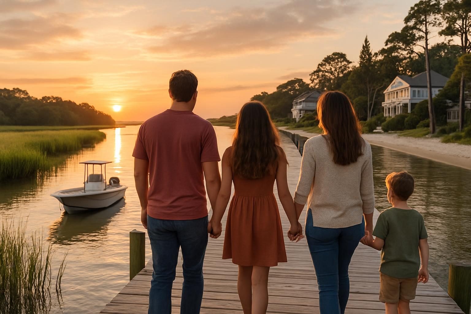 Family walking a dock over a coastal North Carolina tidal river at sunset