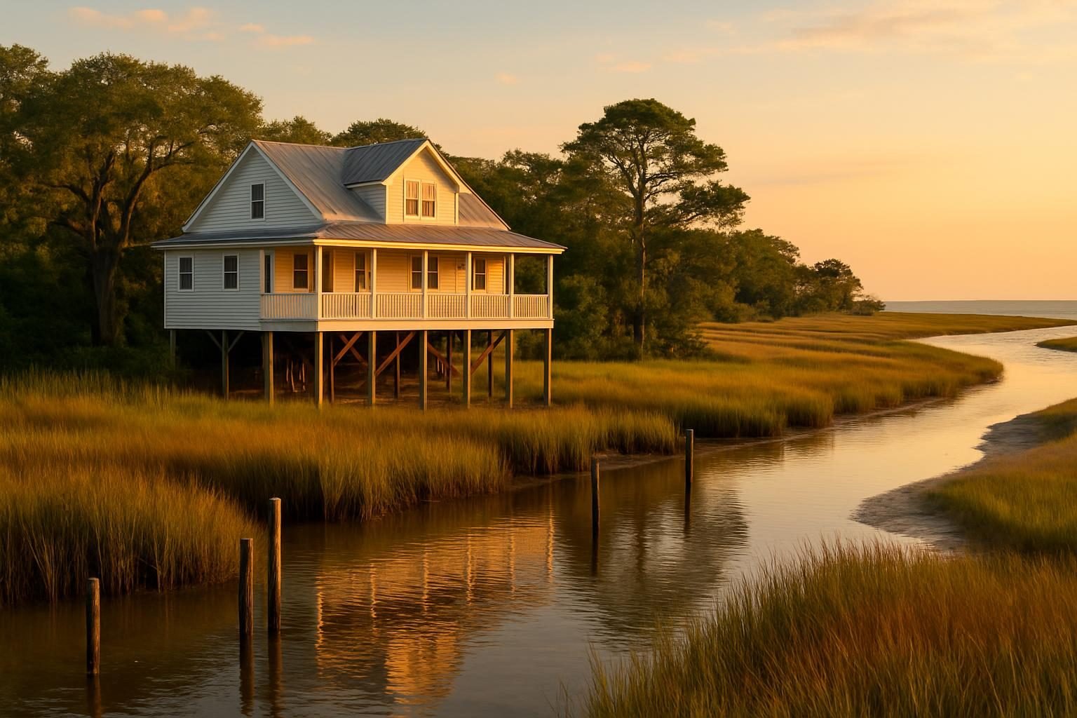 Elevated waterfront home near a marsh, illustrating flood insurance concerns