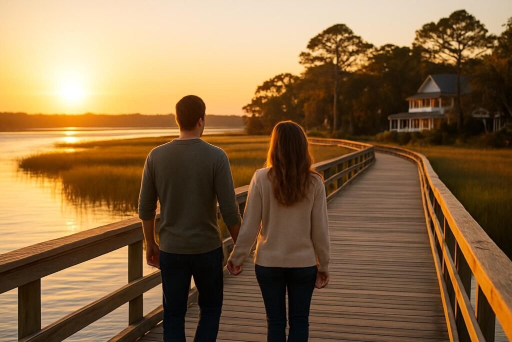 Couple walking a waterfront boardwalk at sunset, date night ideas in Jacksonville, NC