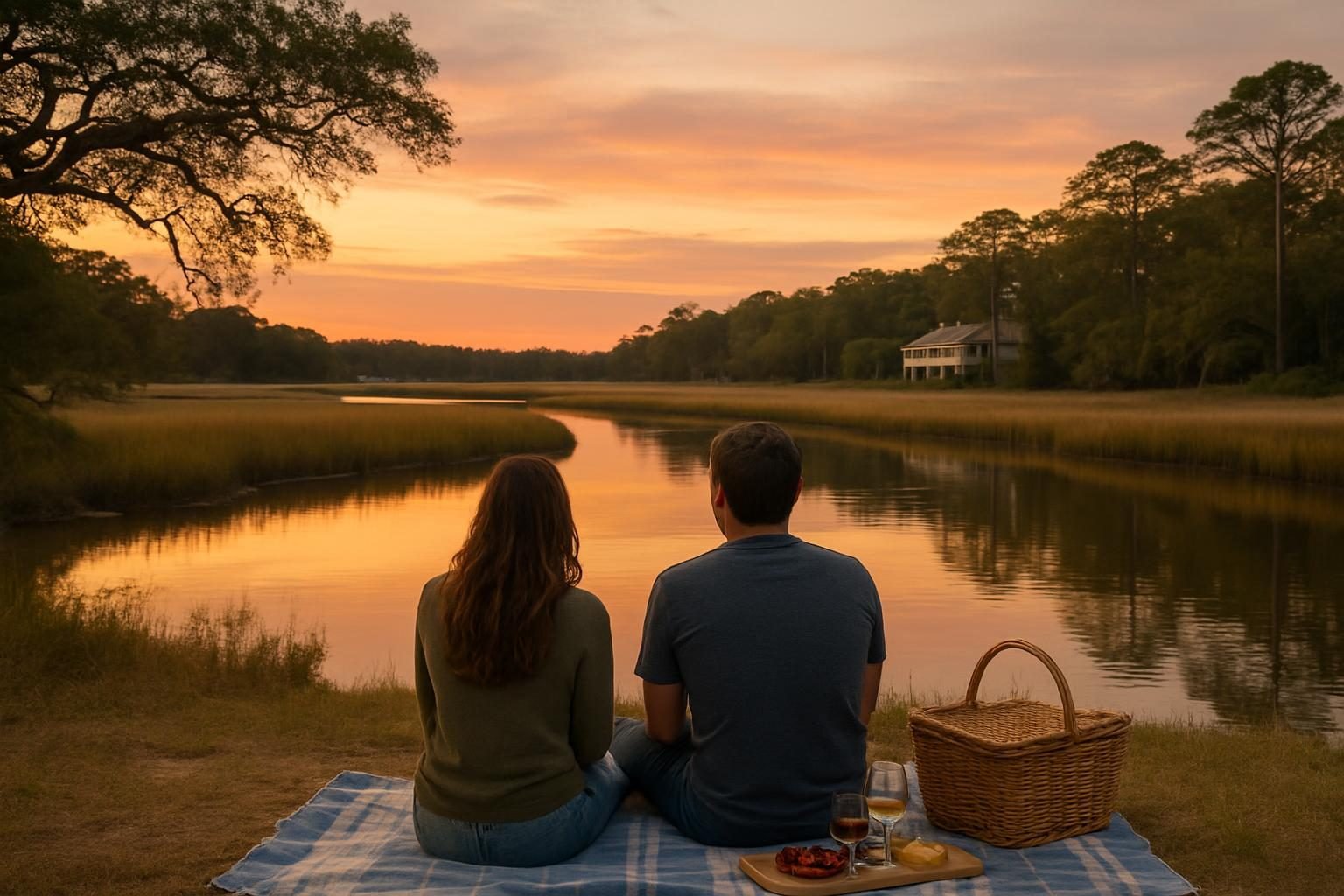 Couple on a blanket watching sunset over a coastal river
