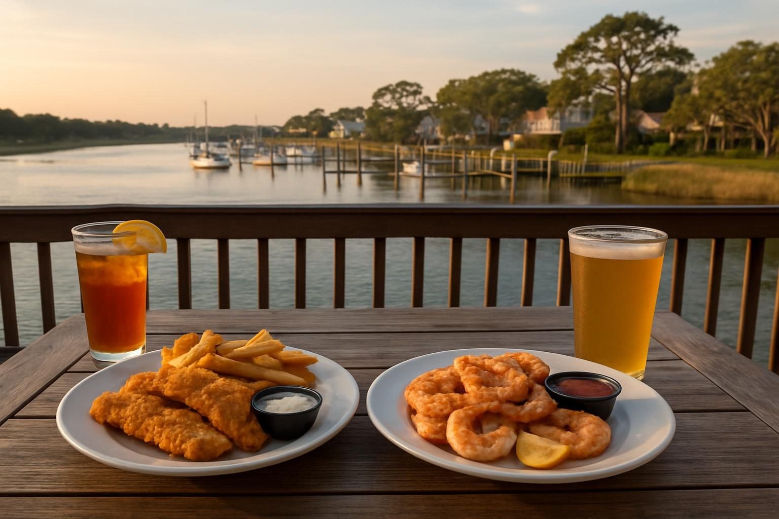 Seafood dinner on a waterfront patio table in a coastal North Carolina town