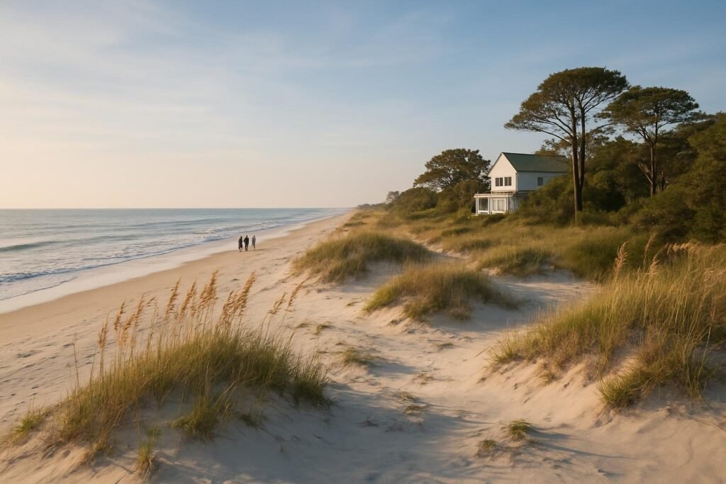Quiet coastal beach for day trips from Jacksonville NC with dunes and sea oats at sunrise