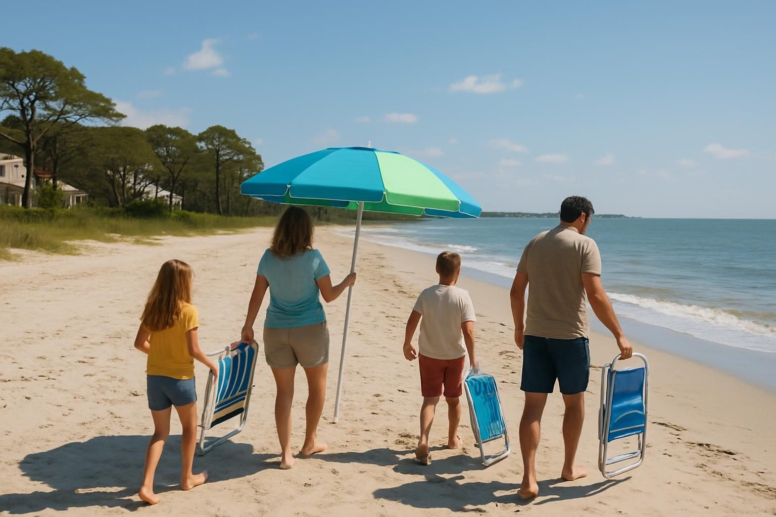 Families setting up chairs and umbrellas on a wide sandy barrier island beach