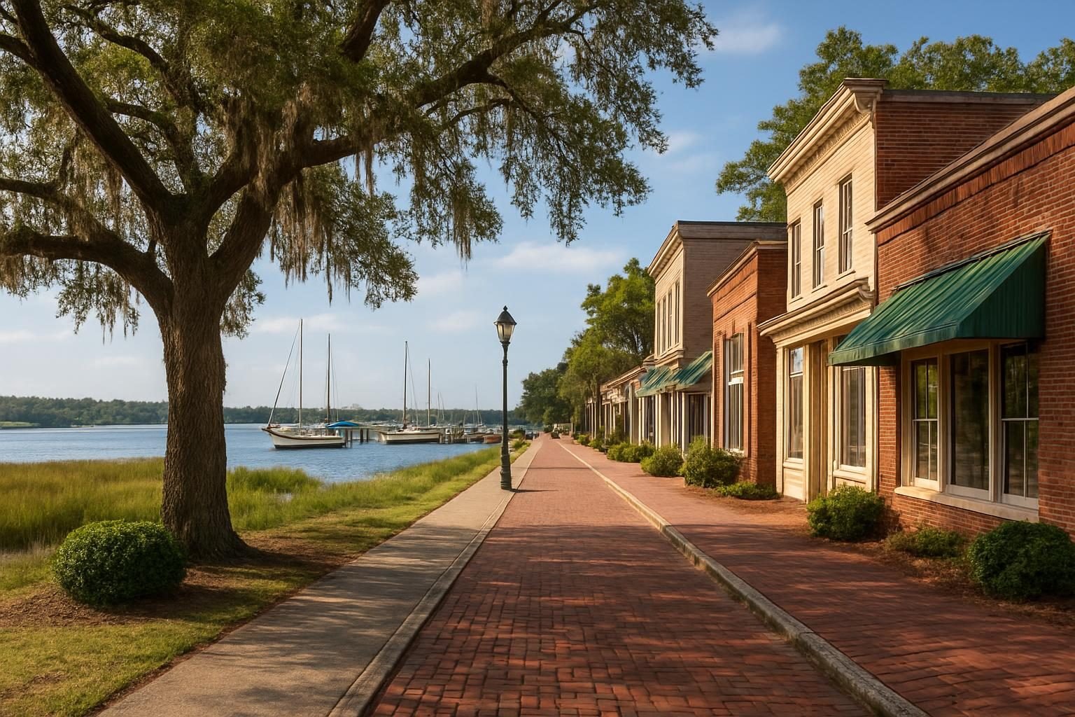 Walkable historic waterfront downtown with boats in the harbor on the North Carolina coast