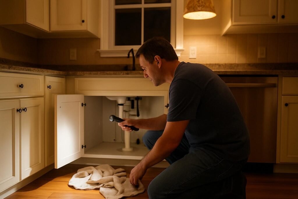 Homeowner checking under the sink while waiting for an emergency plumber in Jacksonville, NC