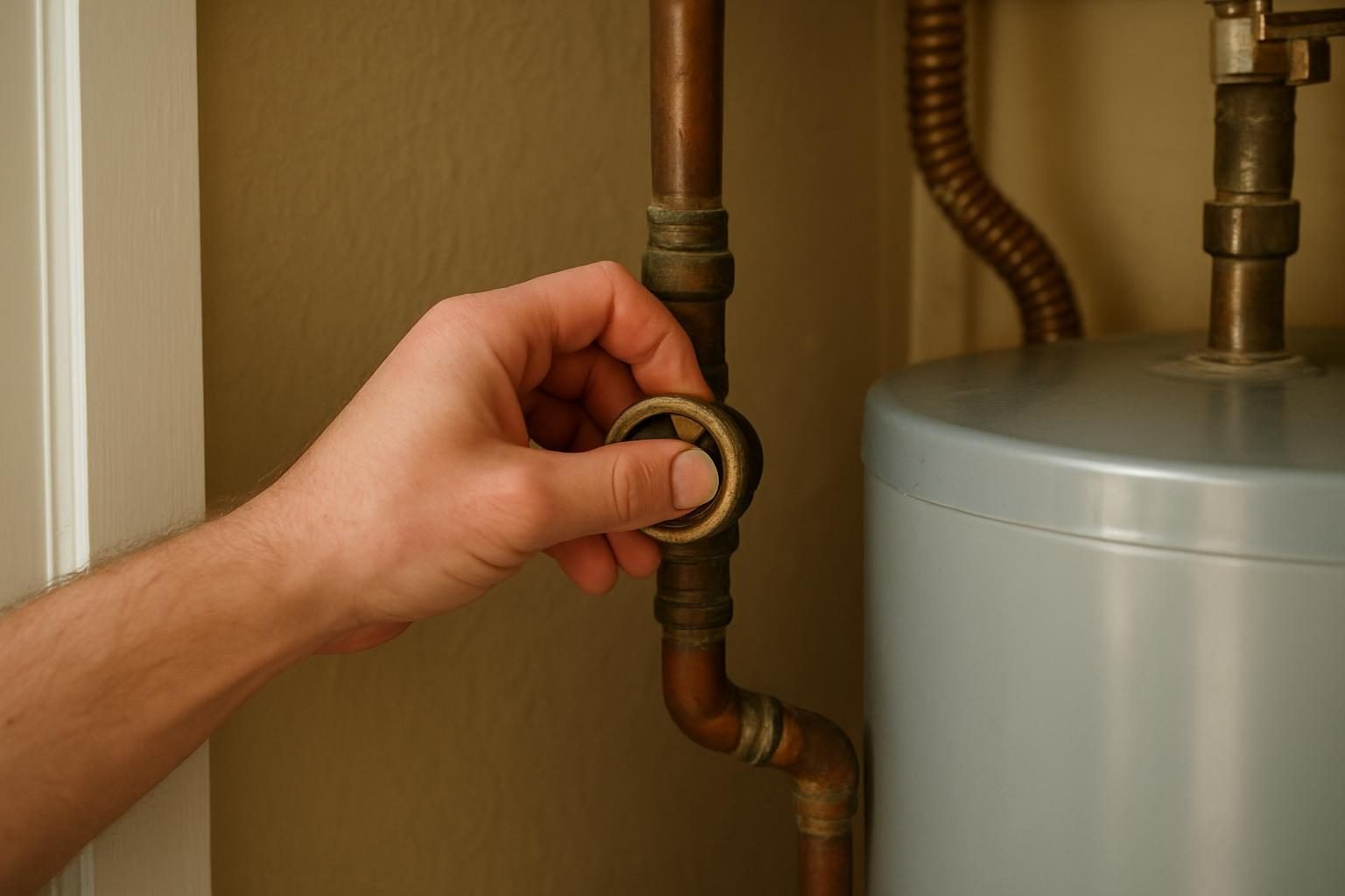 Hand closing a main water shut-off valve near a water heater