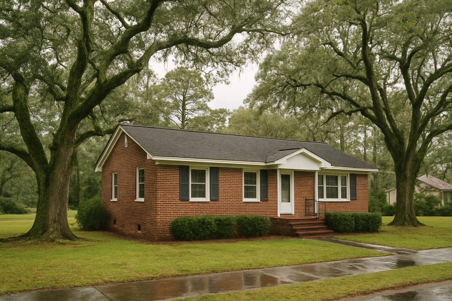 Coastal North Carolina ranch home with crawl space foundation after rain