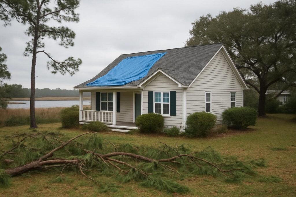 Blue tarp on a storm-damaged roof, representing emergency roof repair after hurricane Jacksonville NC