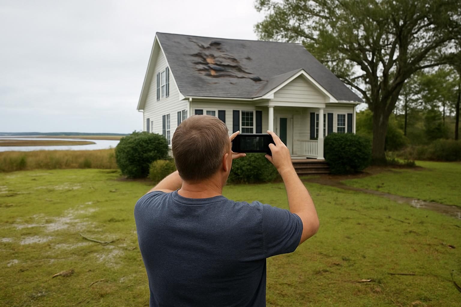 Homeowner photographing roof damage from the ground for an insurance claim