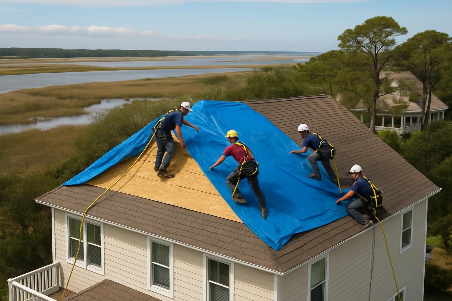 Roofers installing a temporary tarp over damaged roof decking