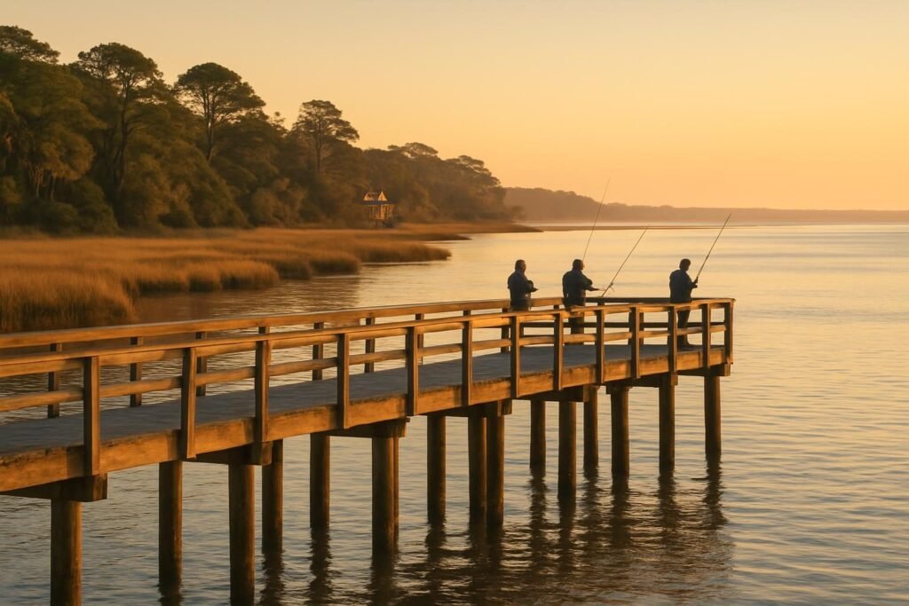 Anglers on a pier at sunrise, fishing in Onslow County NC