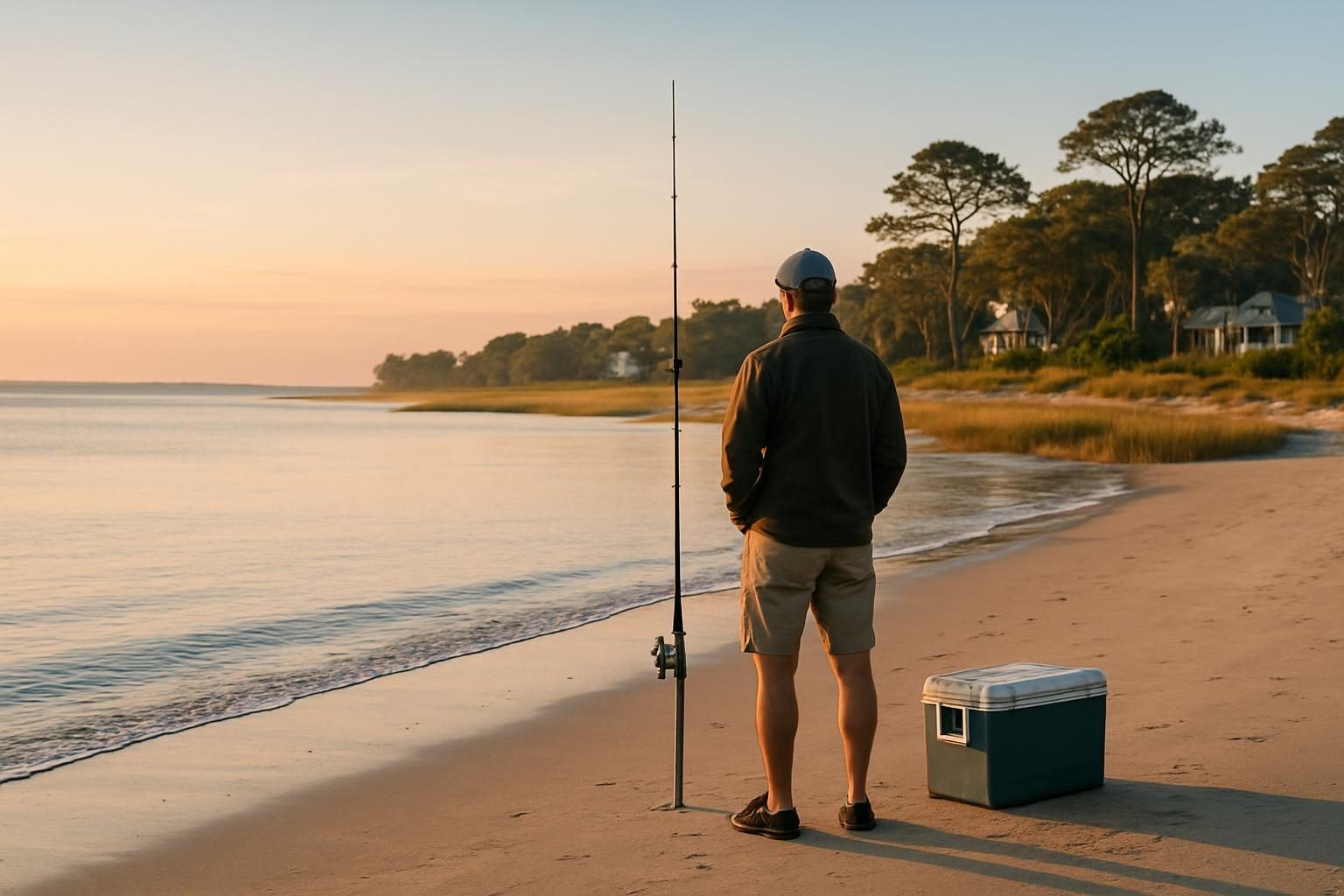 Surf fisherman casting from a Topsail Island beach at dawn