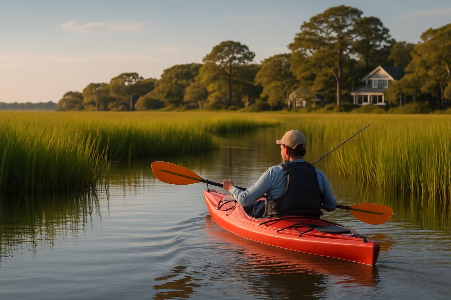Kayak angler in a salt marsh creek near the Intracoastal Waterway