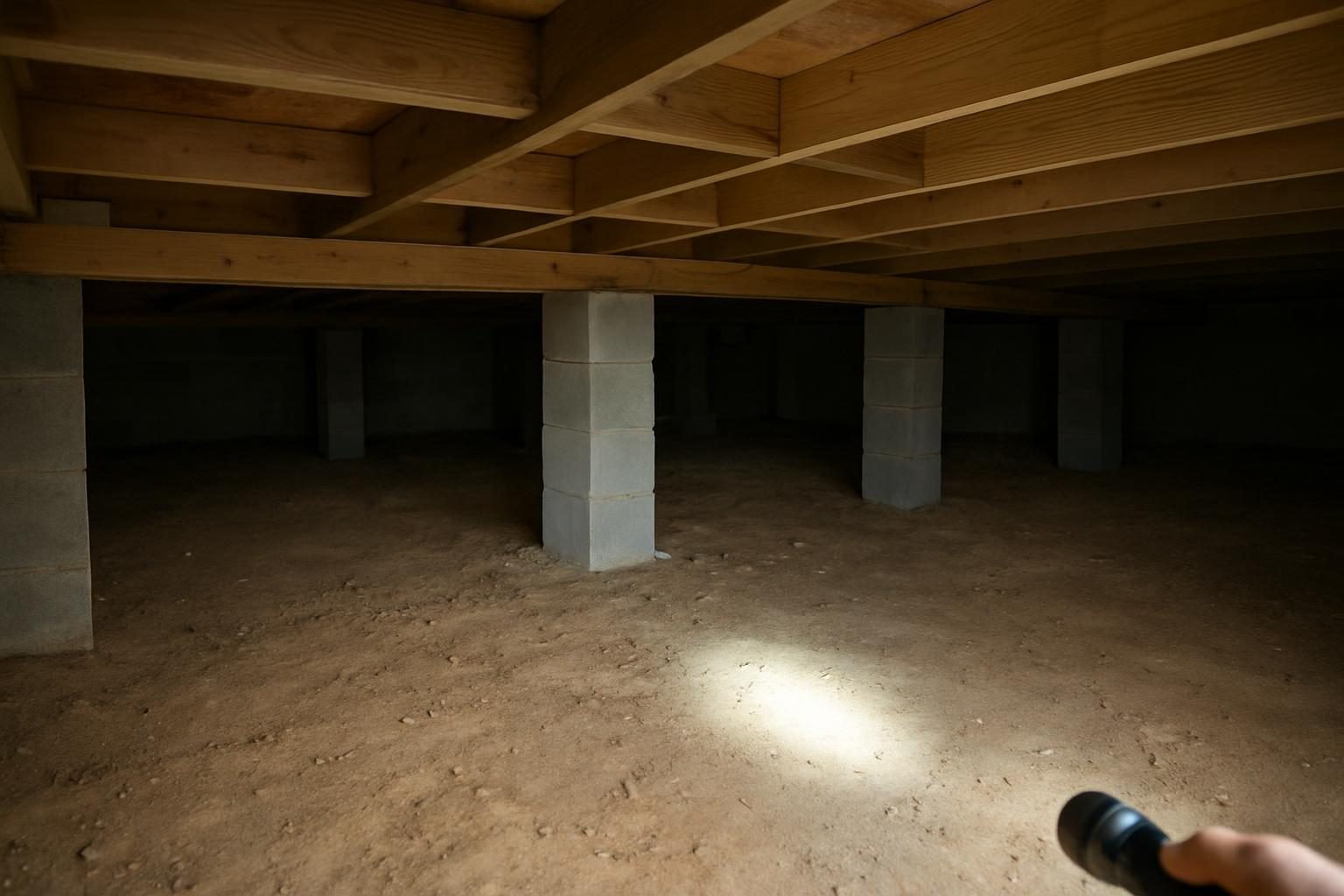 Concrete piers and floor joists inside a home crawl space
