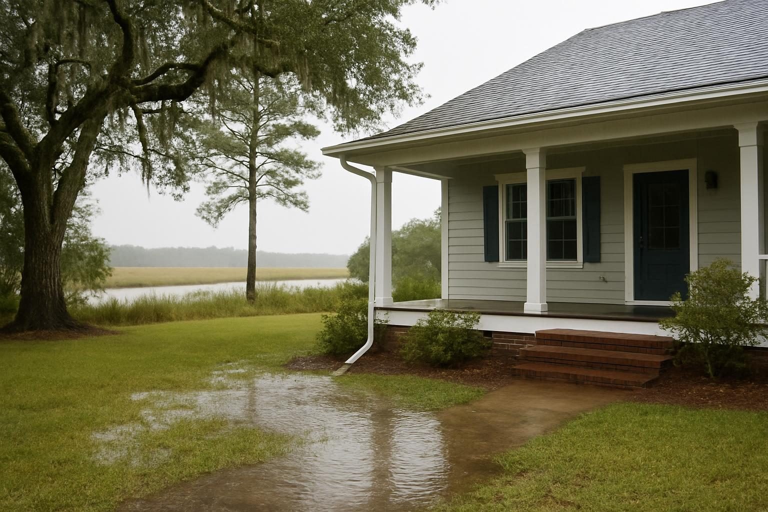Water pooling near a home foundation after heavy coastal rain