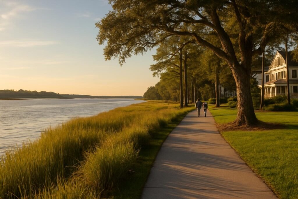 Free things to do in Jacksonville, NC: a riverfront walkway at golden hour with people strolling