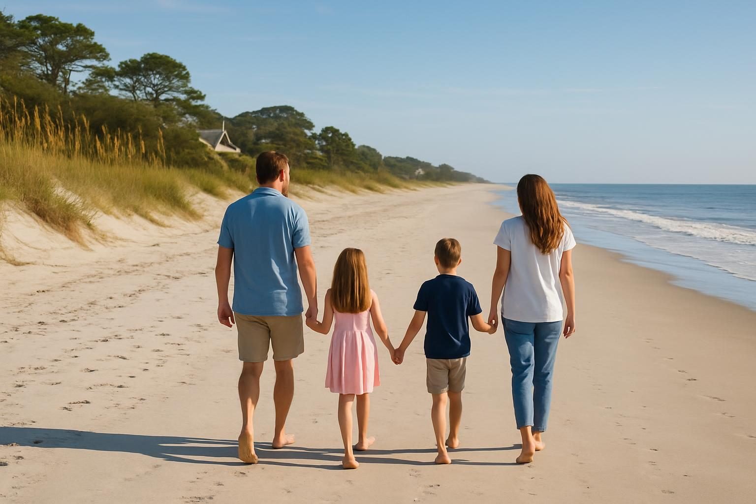 Family walking a quiet beach with dunes and sea oats on the North Carolina coast