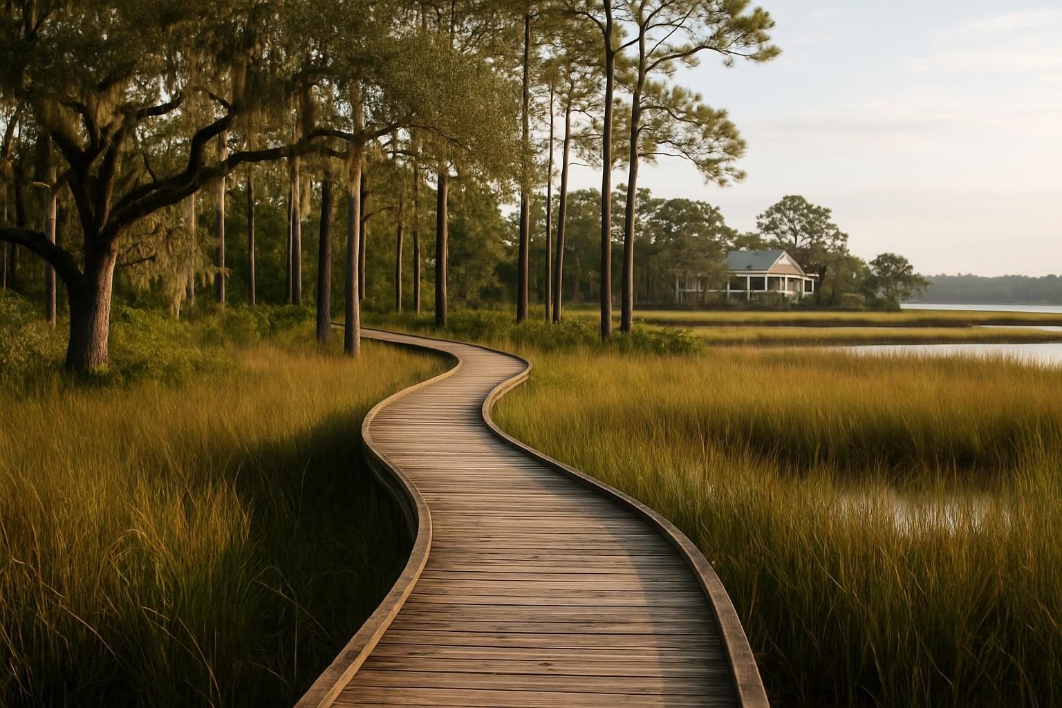 Boardwalk trail through coastal pines and salt marsh in eastern North Carolina