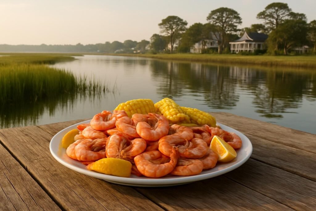 Fresh seafood Jacksonville NC: platter of steamed local shrimp on a coastal dock table