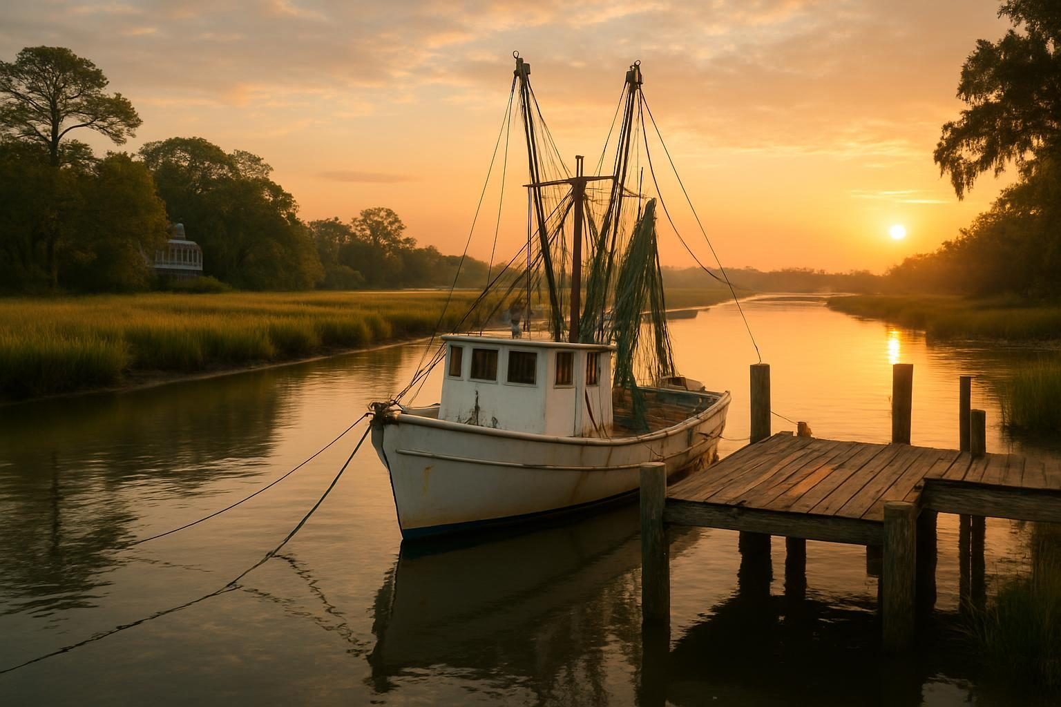 Shrimp boat at a weathered dock on a coastal North Carolina creek