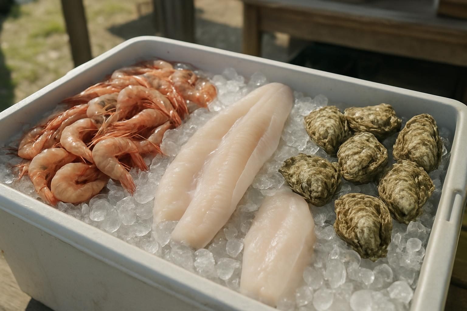 Fresh shrimp, flounder and oysters on ice at a seafood market counter