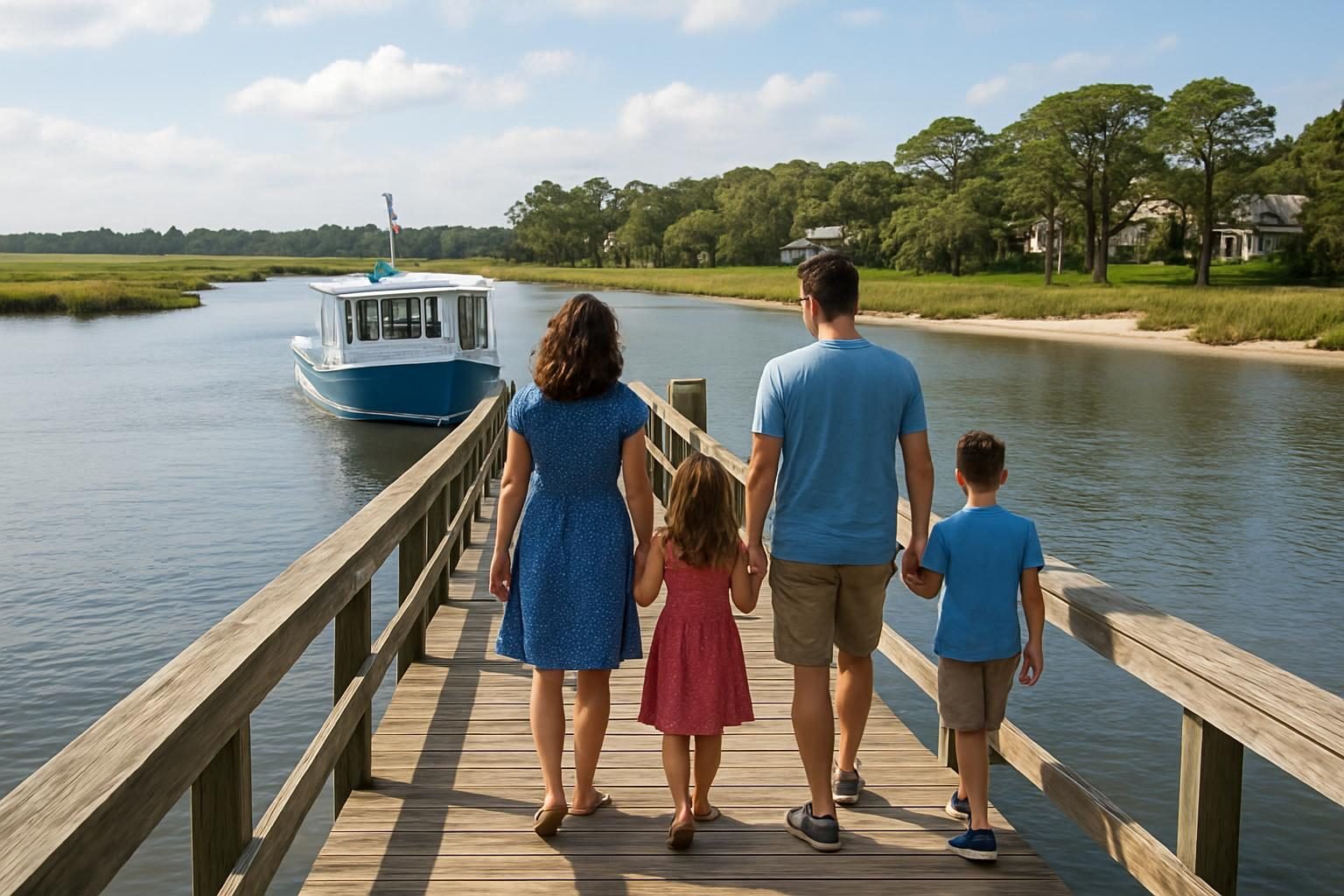 Visitors walking toward a passenger ferry on a calm coastal waterway