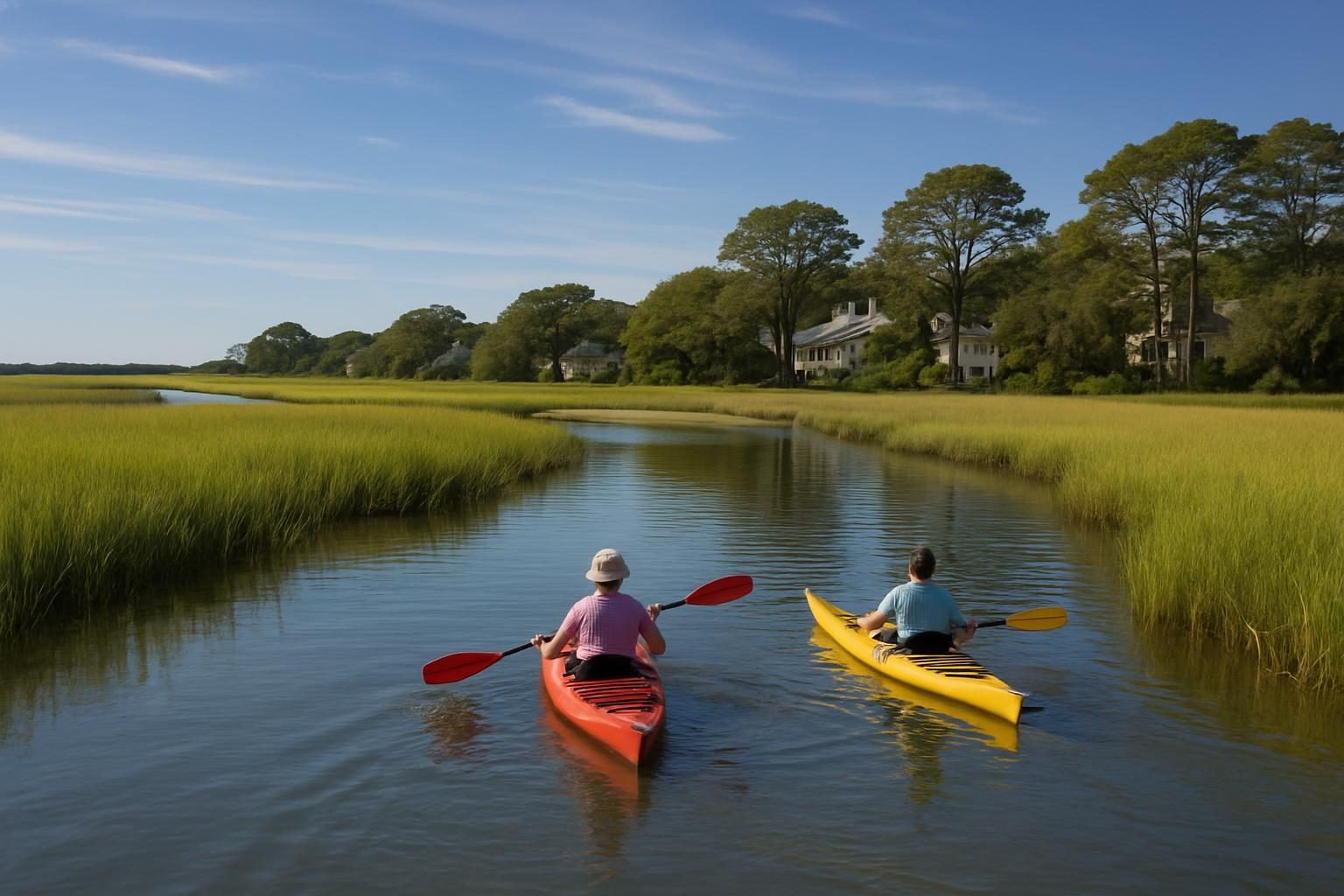 Kayakers paddling through a salt marsh channel on the North Carolina coast
